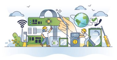 Elektronik ve iletişim mühendisliği profesyonel iş taslağı konsepti. Cep telefonu ve internet vektör illüstrasyonu için anten sinyali ve elektrik teknolojisi üzerinde çalışın. Teknoloji mesleği.