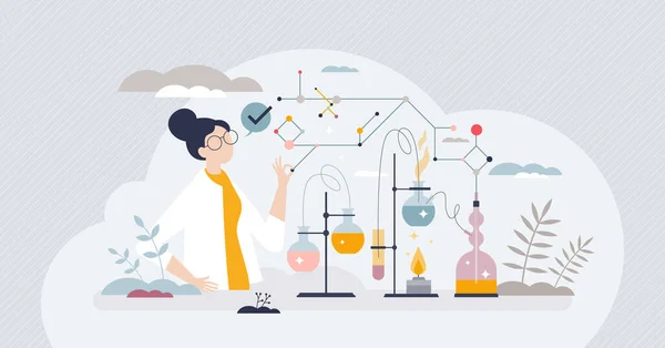 Profesi Insinyur Kimia Dengan Bidang Kimia Konsep Orang Kecil Laboratorium - Stok Vektor
