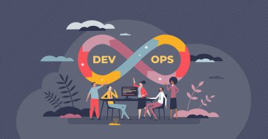 DevOps veya Dev Ops yazılım geliştirme pratiği olarak küçük insan konsepti. Uygulama kodlaması ya da programlama çalışma çerçevesi sürekli süreç yaşam döngüsü vektör çizimi ile. Uygulama proje denetimi.