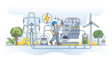 Elektrik bakımı için elektrik mühendisi işgali ya da elektrik hattı problemi çözme kavramı. Elektrik tesisleri vektör illüstrasyonu hakkında teknik bilgi ve eğitim.