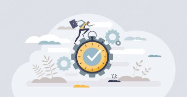 Hassas ve etkili zaman yönetimi ile verimlilik, minik insan konsepti. Üretken görev süreleri zamanlaması ve hızlı performans vektör illüstrasyonu ile iş optimizasyonu. Görev sürecini çoğalt.