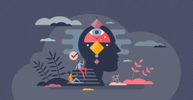 Sezgi bilgisi, içsel zeka ve küçük insan kavramı. Kafanın içini hissetmek ve gelecekteki düşünce vektör illüstrasyonunda zihinsel içgörü. Beyin farkındalığı ve bilişsel görselleştirme.