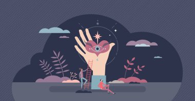 Ruhsal iyileştirme enerji gücü ve bütünsel akıl terapisi minik insan konsepti. Astral tedavi ve illüstrasyon ile zihinsel uyum ve barış. Esrarengiz meditasyondan sonra ruh sağlığına kavuşma.