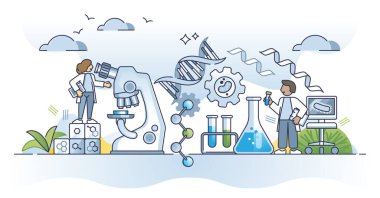 Biyomühendislik mesleği ve biyokimyasal araştırma konsepti. DNA laboratuvarı vektör illüstrasyonuyla biyoteknoloji ve genetik araştırma. Sağlık sigortası teknolojik deneyleri.