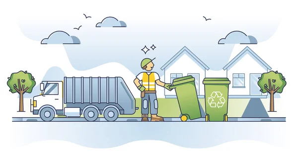 垃圾箱占用率和垃圾箱排空任务概述概念 与城市垃圾车和垃圾处理服务载体说明一起工作 垃圾卫生专业和肮脏的垃圾堆工 — 图库矢量图片