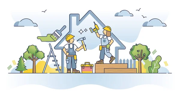 建筑工人和专业建筑工人技能概述概念 用木匠 杂工和承包商服务的病媒图解建造家庭住宅项目 翻修过程 — 图库矢量图片