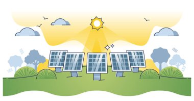 Elektrik üretim konsepti için güneş panelleri olan güneş çiftliği. Temiz ve sürdürülebilir kaynak vektör çizimi için ekolojik çözümü olan alternatif enerji. Modern ve yeşil istasyon.