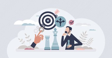Stratejik yönetim ya da geleceğin şirketinin amacı küçük insan konsepti planlamak. Kesin kararlar veren akıllı bir çözüm ya da durum analizi vektörü çizimi. Başarılı profesyonel performans