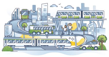 Ulaştırma hizmetleri ve şehir karayolu veya demiryolu altyapısı kavramı. Kamu otobüsü, tren, metro ya da taksi. Yolcu hareket ağı çizimi için. Şehir aktarım bağlantıları.