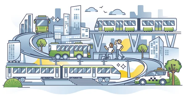 交通运输服务和城市道路或铁路基础设施概述概念 公共巴士 地铁或出租汽车用于客运网络病媒说明 城市交通连接 — 图库矢量图片