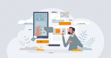 Web sitesi arayüzü ve uygulama katmanları ile UX tasarımı veya kullanıcı deneyimi küçük insan konseptini hizaladı. Çevrimiçi yönetim vektörü illüstrasyonu için etkili, tepkili ve kolay oluşturma süreci.