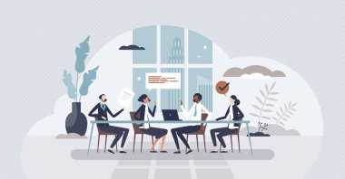 CEO 'su olan yönetim kurulu yöneticileri. İş dünyası liderleri. Küçük insan konsepti. Şirket yöneticisi ve meslektaşları vektör illüstrasyonuyla toplantı. Kooperatif yönetim kurulunda profesyonel iletişim.
