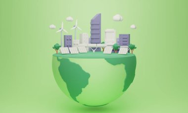 Green city, environmental friendly global ecosystem, 3D illustration concept. Sustainable world view for building efficient and renewable electrical power generation infrastructure. Save the Earth. clipart