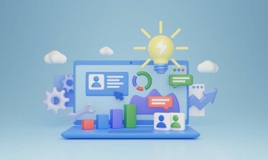 Performans analiz yönetimi, 3 boyutlu illüstrasyon konsepti. Finans ve pazarlama raporları laptop ekranında. Verimlilik artışının izlenmesi ve web panelindeki kar optimizasyonunun projelendirilmesi.