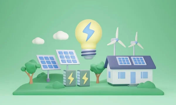 Clean energy residential electricity supply, 3D illustration concept. Renewable electric power resource for home generated by solar panels and wind turbines. Efficient power storage in batteries.