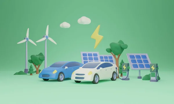 電気自動車充電サイト 3Dイラスト 再生可能エネルギーとクリーンエネルギーの発電所 Ev車は電源からバッテリーを充電します グリーン 持続可能で効率的な交通システム — ストック写真