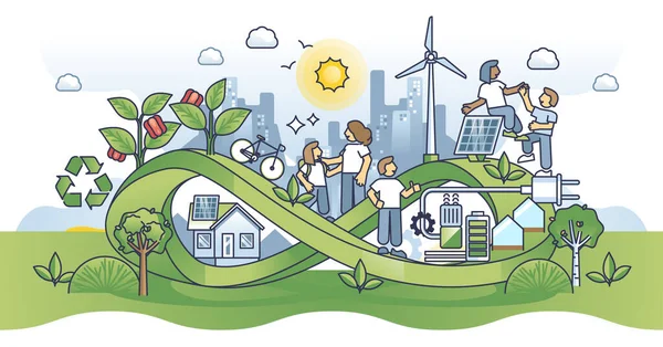 再利用可能なエネルギー源の概念と緑と持続可能な環境 風力や太陽光発電 効率的な家庭やきれいな生態系のベクトル図と都市のシーン 気候を救え — ストックベクタ