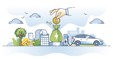 EV vergisi ve elektrikli araç satın alma desteği hükümetin ana hatlarından geliyor. Sürdürülebilir, yeşil ve yenilenebilir enerji tüketim seçimi vektör ilüstrasyonu için finansal ödeme. Melez masrafları.