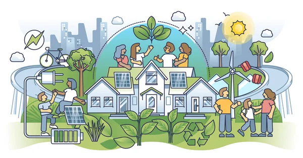 持続可能な生態系コミュニティと自給自足の概念 スマートハウス住宅エリアと自然フレンドリーなソリューションベクトル図として緑のエネルギー消費と都市 — ストックベクタ