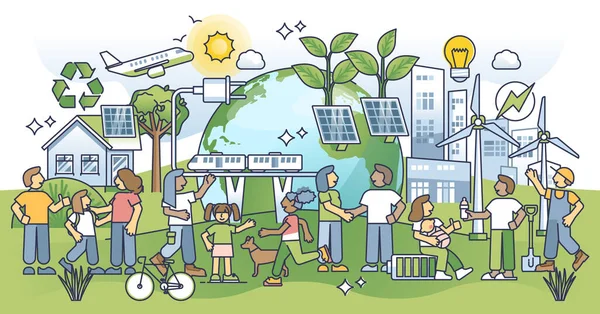 緑の都市に住む持続可能な生態系のコミュニティは概念を概説する 自然エネルギー消費ベクトル図とスマートインフラとして優しい輸送 エコ社会生活 — ストックベクタ