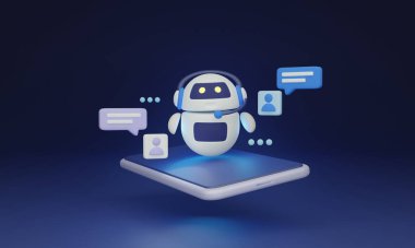 Chatbot 3D çizim konsepti. Kullanıcılarla sohbet etmek için doğal dil işlemlerini kullanan GPT uygulaması. Görevlerde yardımcı olabilir, bilgi sağlayabilir ve süreçleri otomatik hale getirebilir.