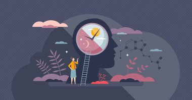 Günlük rutin insan konsepti için yuvarlak uyku ritmi. Sağlıklı melatonin, serotonin ve kortizol için gece ve gündüz iç dengesi vektör illüstrasyonunu aşamalar. Zihinsel saat zamanı.