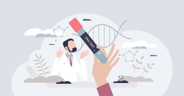 DNA testi ve gen sarmal kodu numunesi küçük insan konseptini araştırıyor. Babalık kontrolü veya sağlık analizi vektör illüstrasyonu için bilimsel laboratuvar ölçümü. Kimlik veri incelemesi.