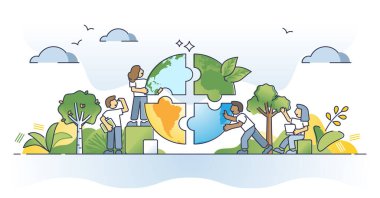 İklim farkındalığı olarak ekoloji bulmacası ve toplum ana hatları kavramından bakım. Okyanusları, ormanları ve dünyayı sürdürülebilir ve çevresel küresel gelecekteki vektör çizimleri için korumak için sosyal işbirliği.
