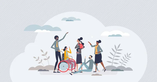 无障碍作为在公共场所行动的能力 使微小的人的概念成为现实 残疾患者支持和帮助轮椅行动选择病媒说明 瘫痪恢复无效 — 图库矢量图片