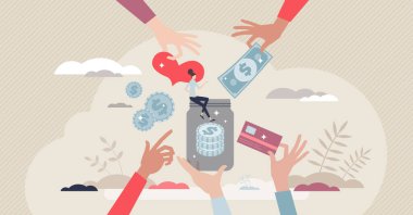 Destek için bağış ve para paylaşımı ve küçük insan konseptine yardımcı olmak. Cömertlik ve kolektif topluluk mali yardım vektörü illüstrasyonu. Fon dayanışma ödemesi ve birliği artırdı.