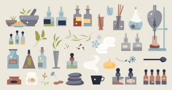 集芳香疗法为一体的药物材料散发着微小的个人香味 具有替代性和深奥的医疗用品和材料载体图解的元素 瑜伽和冥想项目 — 图库矢量图片