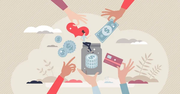 Destek Için Bağış Para Paylaşımı Küçük Insan Konseptine Yardımcı Olmak — Stok Vektör