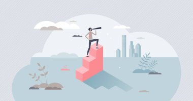 Liderlik vizyonu, gelecekte yeni hedefler arayan ve küçük insan kavramına meydan okuyan bir işadamı. Patron iş fırsatı arıyor ve vektör illüstrasyonunu hedef alıyor. İlham verici vizyon sahibi.