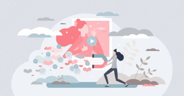 Viral içerik pazarlama kampanyası popüler bir video göndericisi ya da hikayelerin küçük insan konsepti. Sosyal medya izleyicileri ve takipçileri tepkilerini sembolik mıknatıs vektör illüstrasyonuyla gösteriyorlar.