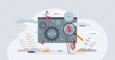 Etkili web sitesi geliştirme için otomatik yazılım testi. Küçük insan konsepti. Hata yakalama ve yapay zeka otomasyon vektör illüstrasyonuyla hata kontrolü. Programlama kodu denetimi.