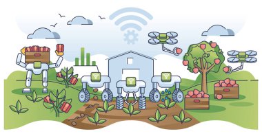 Çiftlik robotları, özerk teknoloji ana hatlarıyla hasat toplama sahnesi. Modern ve yenilikçi tarım vektörü illüstrasyonu için kablosuz ağ teknolojisi. Gelecekteki dronlar ve robotlar bahçe işlemleri.