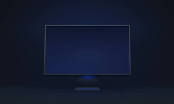 Computer screen mockup, front view on a dark background, 3D illustration. Three dimensional rendering in clean and minimalistic environment. Tech and cyberspace atmosphere. Desktop PC display device.