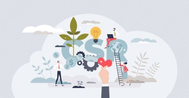 CSR ya da sürdürülebilir iş dünyası minik insan kavramı için kurumsal sosyal sorumluluk. Doğa ekolojisi ve toplum koruma vektörü illüstrasyonu için adil ve dürüst kaynaklara sahip şirket politikası.