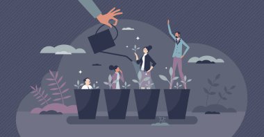 Profesyonel kariyer gelişimi ve kişisel gelişim minik insan konsepti. Yüksek eğitim, kararlılık ve azim vektör illüstrasyonuyla iş performansı gelişimi. Çalışanların işi başarılı oldu..