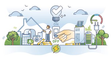Elektrik hatlarını korumak için enerji koruma ve kapatma düğmesi. Çevreyi ve doğa ekoloji vektörü illüstrasyonunu korumak için geri dönüştürülebilir kaynaklardan yeşil ve sürdürülebilir enerji kullanımı.