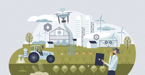 Budoucí Farma Autonomním Robotickým Zemědělstvím Monitoruje Koncepci Drobných Osob Inteligentní — Stockový vektor