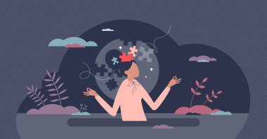 İç huzuru ve küçük insan konseptini dengelemek için kadın akıl sağlığı. Psikolojik terapi ya da meditasyon vektör illüstrasyonu içeren düşünce bozukluğu düzenlemeleri. Düşünce ve duygu sağlığı.