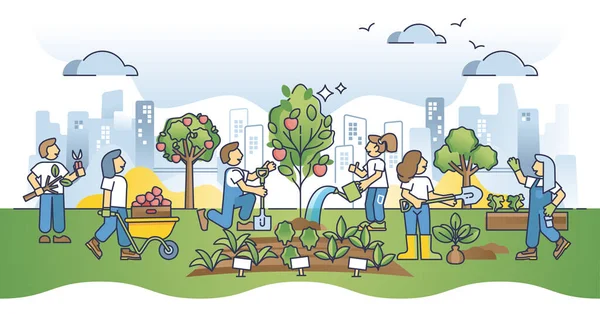 Κοινοτικός Κήπος Πόλεων Και Φυτά Που Αναπτύσσονται Αστικό Περιβάλλον Σκιαγραφούν — Διανυσματικό Αρχείο
