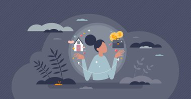 Kariyer ve aile ile iş ve yaşam dengesi küçük insan konseptiyle karşılaştırılır. Finansal, mesleki işleri olan zaman yönetimi veya ev ve çocuk vektör illüstrasyonu ile romantik ilişki.