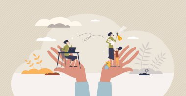 Kariyeri ve çocukları olan kadınlar için iş hayatı dengesi küçük insan konsepti. Profesyonel iş seçimi illüstrasyonuna kıyasla çocukları ve ev temizliği görevleri olan bir kadın. Hayat mücadelesi dengeleniyor.