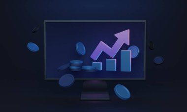 Financial growth screen, 3D illustration. Graphs showing profitable market trend. Upward arrow, symbolizing the progress of investment. Analysis and report of economic exchange, trade, and commerce.