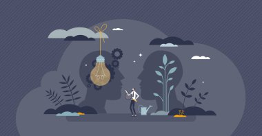 Potential development and possible personal growth tiny person concept. Progress and achievement opportunity from positive mindset, successful learning and skills performance vector illustration.