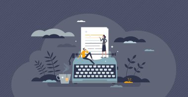 Literature art form with creative author book writing tiny person concept. Poetry, story or novel typing manuscript vector illustration. Professional publisher as artistic occupation. Literary study.