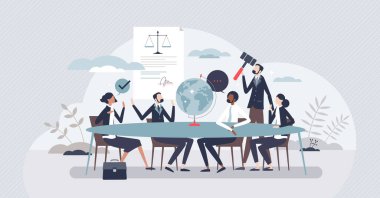 Governance and global legal document agreement talk tiny person concept. Justice and honesty in democratic discussion and negotiations vector illustration. Federal institution for law management.