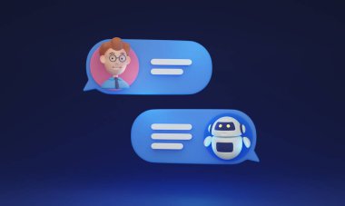Chatbot robot providing online assistance, 3D illustration. Futuristic and realistic style. Chat GPT conversation with a person. Use of AI in customer service and support or messaging and dialogue.